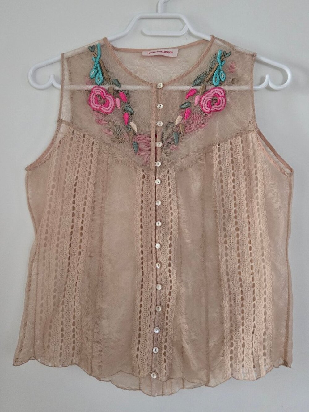Matthew Williamson Embroidered Beaded Pearl Button Down Cape Nude Vest